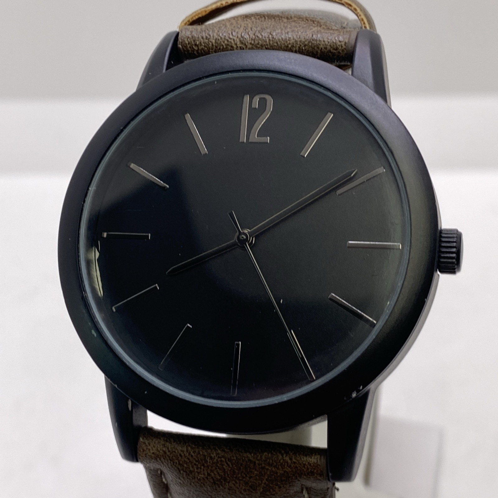 Mens Black Dial Brown Leather Watch Works New Battery